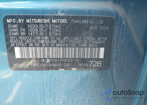 2015 Mitsubishi Mirage De from USA, damaged, VIN ML32A3HJ7FH009179